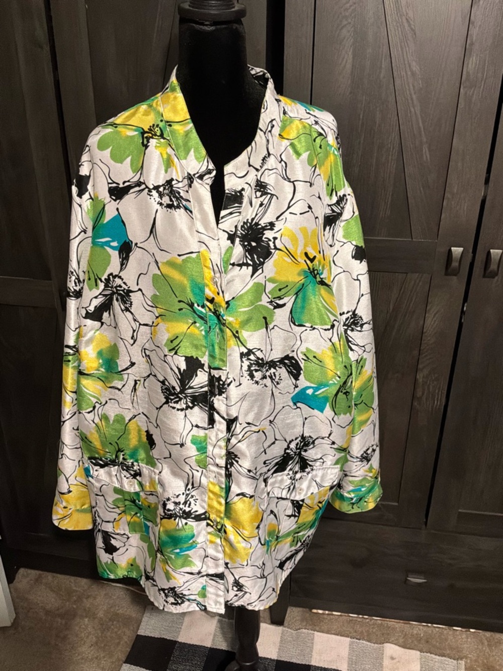 Maggie Barnes Floral Satin Trench Coat in White, Yellow & Green